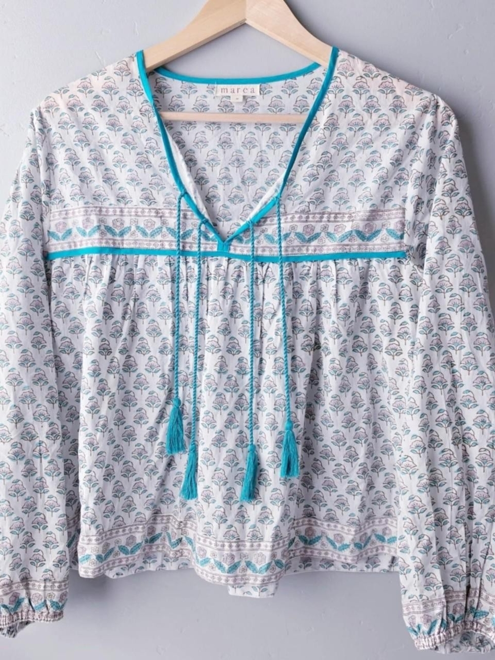 Marea teal boho long sleeve blouse with tassels size medium